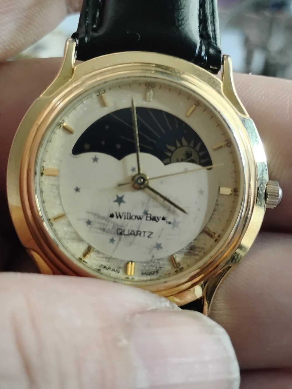 Willow Bay Gold-Tone Quartz Watch with Black Leather Strap